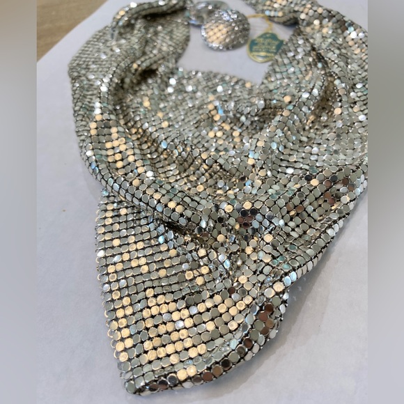 Whiting & Davis VINTAGE SIGNED Mesh bib Chain Necklace sparkly earring 1940’s - Picture 4 of 14